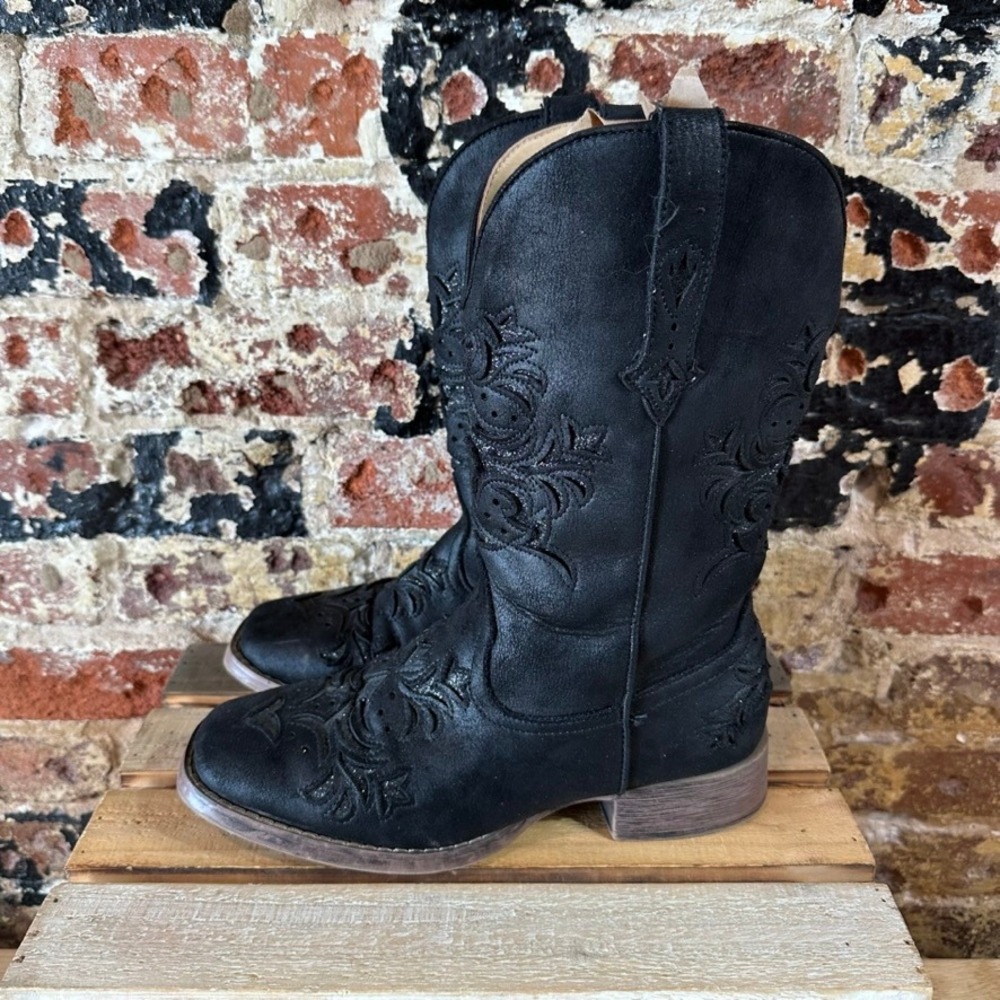 Roper Kennedy Womens 9 Black Inlay Embroidered Square Toe Boots - Picture 4 of 9
